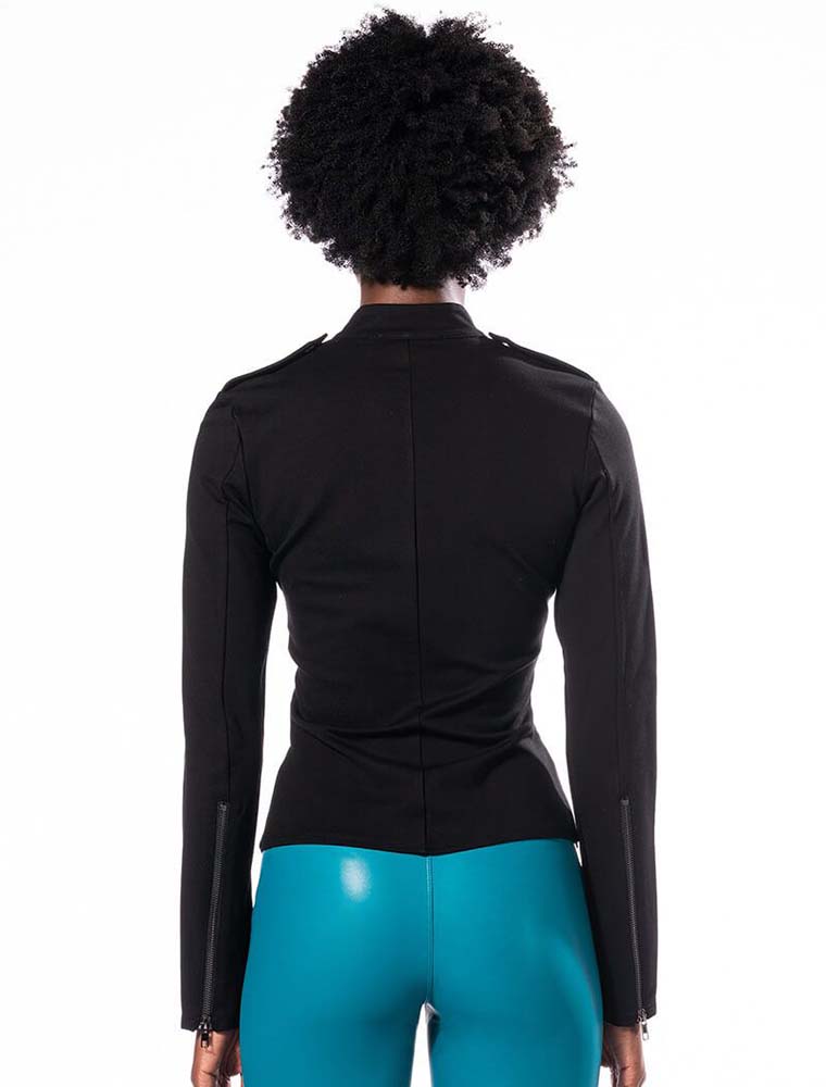 V-Cut Zipper Detail Long Sleeve Top, Black