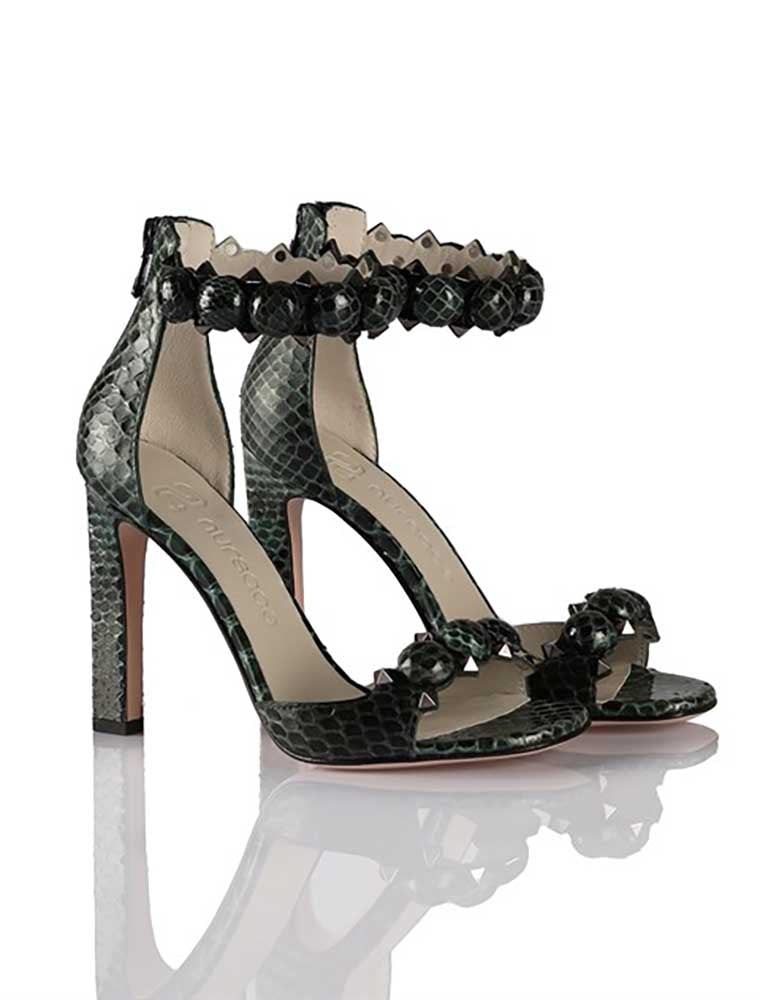 Genuine Python Stiletto Ankle Wrap Sandals, Green