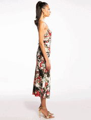 Rose Flower Strappy Cocktail Midi Dress, Multicolor