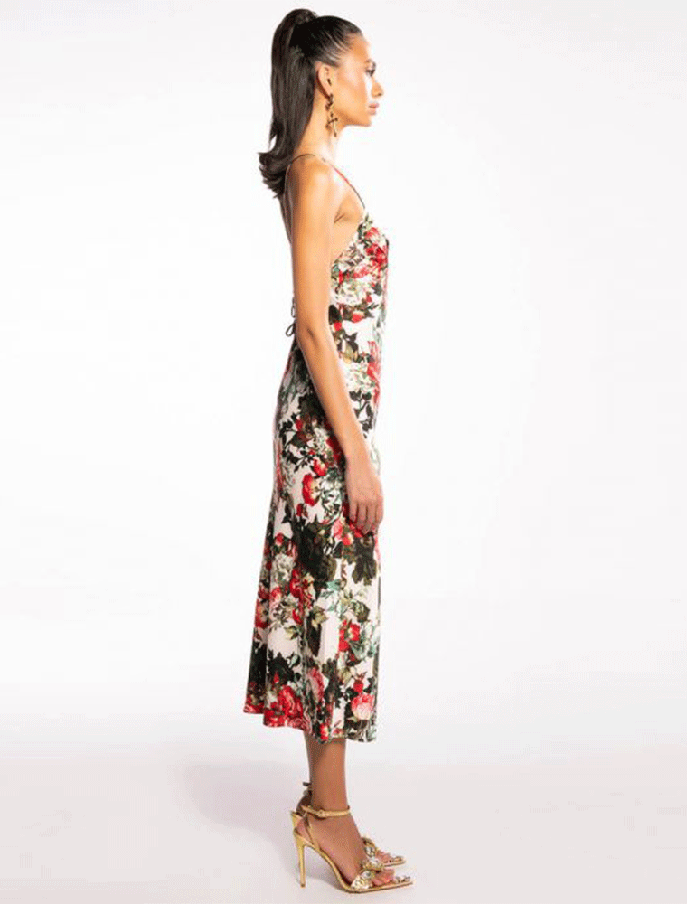 Rose Flower Strappy Cocktail Midi Dress, Multicolor