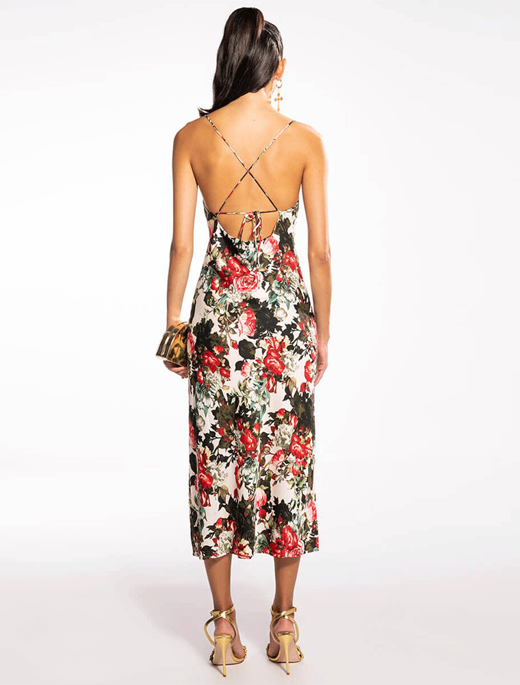 Rose Flower Strappy Cocktail Midi Dress, Multicolor