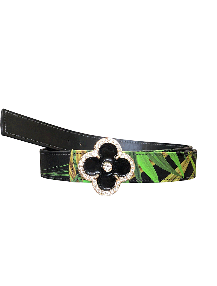 Printed Foliage Silk Leather Belt, Black / Green