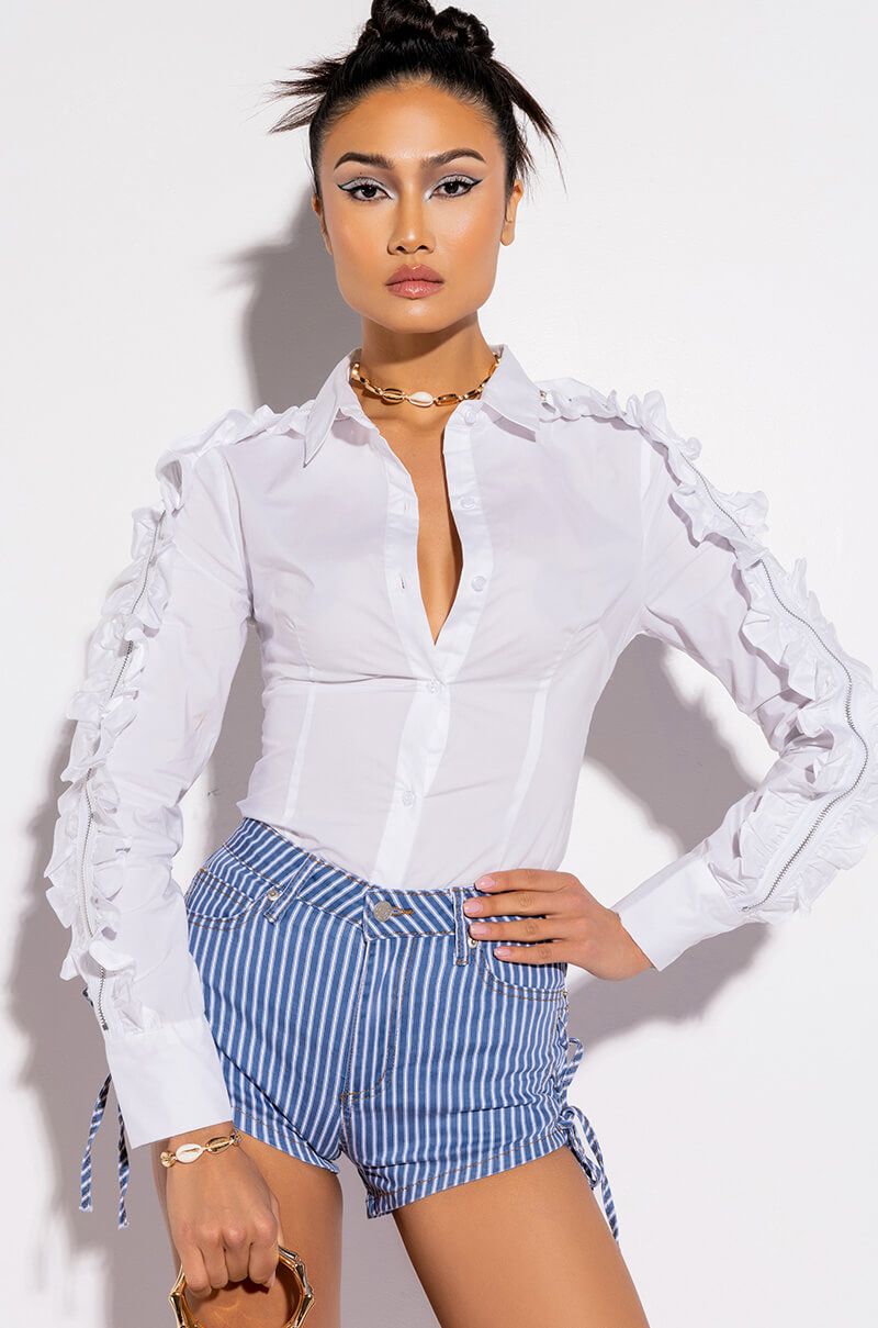 Ruffled Sleeve Zipper Shirt, White