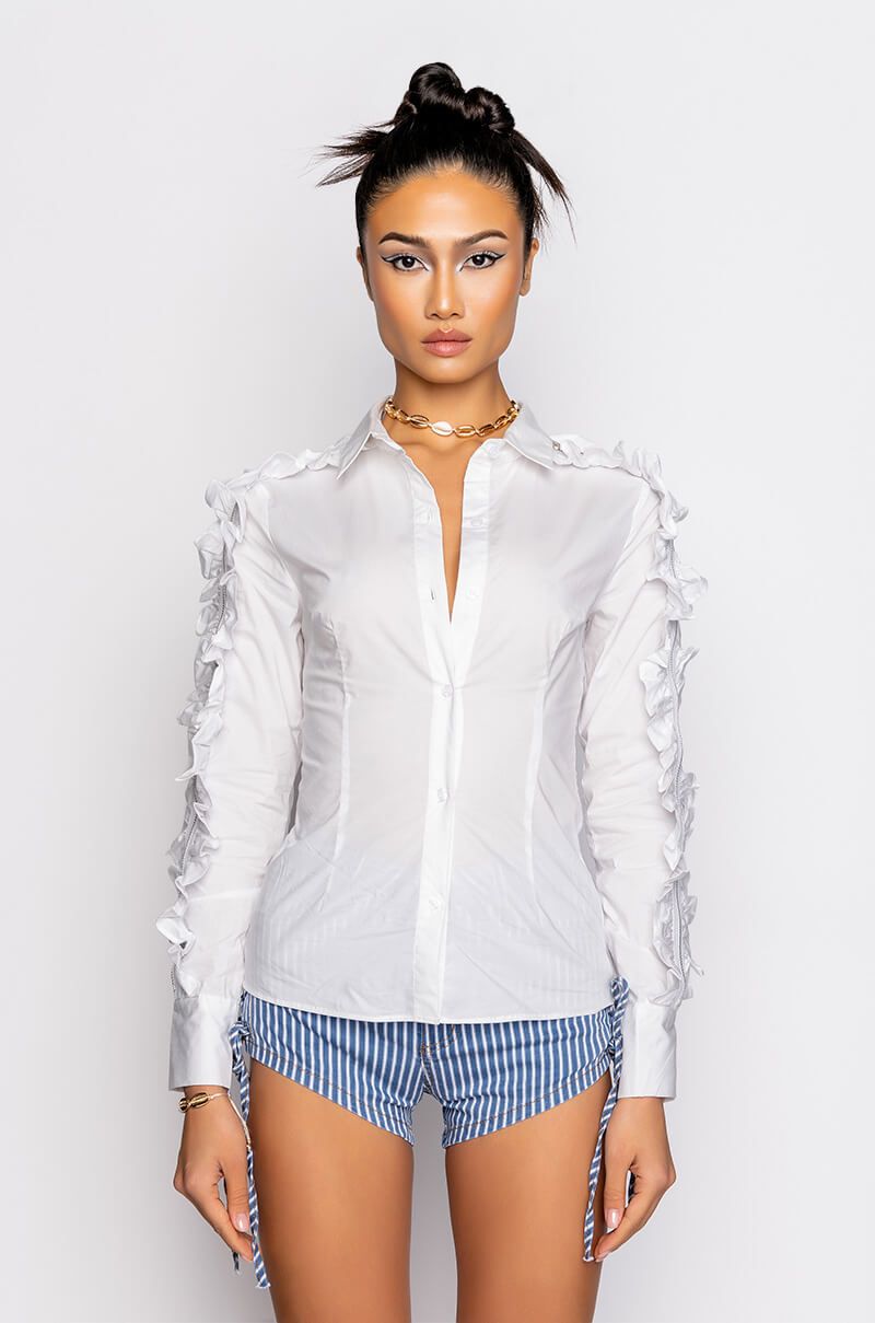 Ruffled Sleeve Zipper Shirt, White