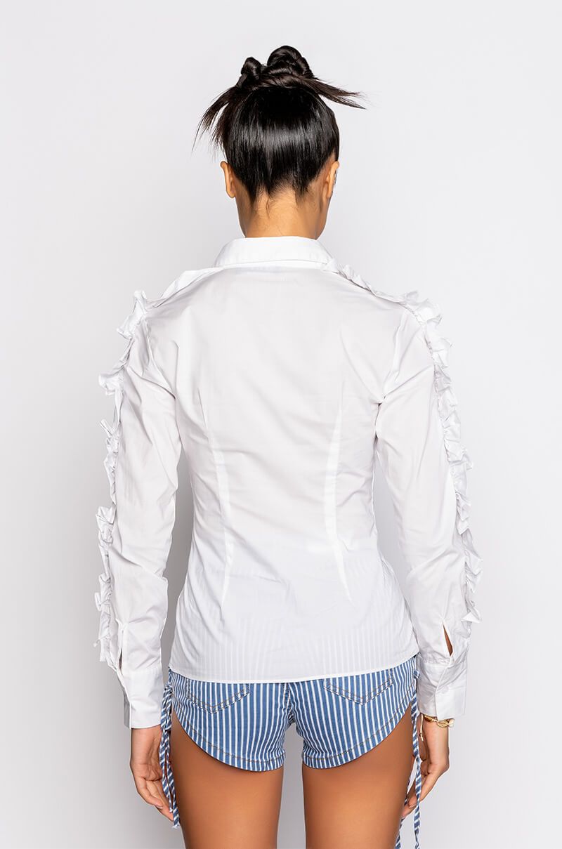 Ruffled Sleeve Zipper Shirt, White