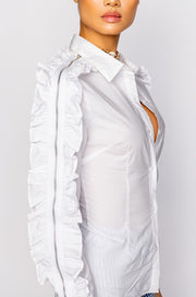 Ruffled Sleeve Zipper Shirt, White