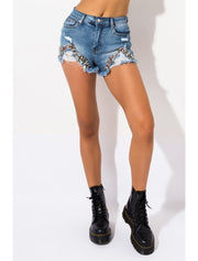 Distressed Bedazzled Shorts, Blue