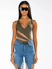 Sleeveless V-Neck Mesh Detail Bodysuit, Green