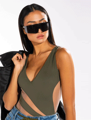 Sleeveless V-Neck Mesh Detail Bodysuit, Green