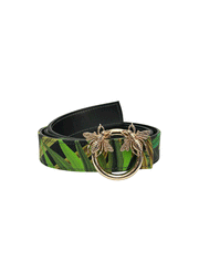 Printed Foliage Silk Leather Belt W/ Bee Buckle, Black / Green