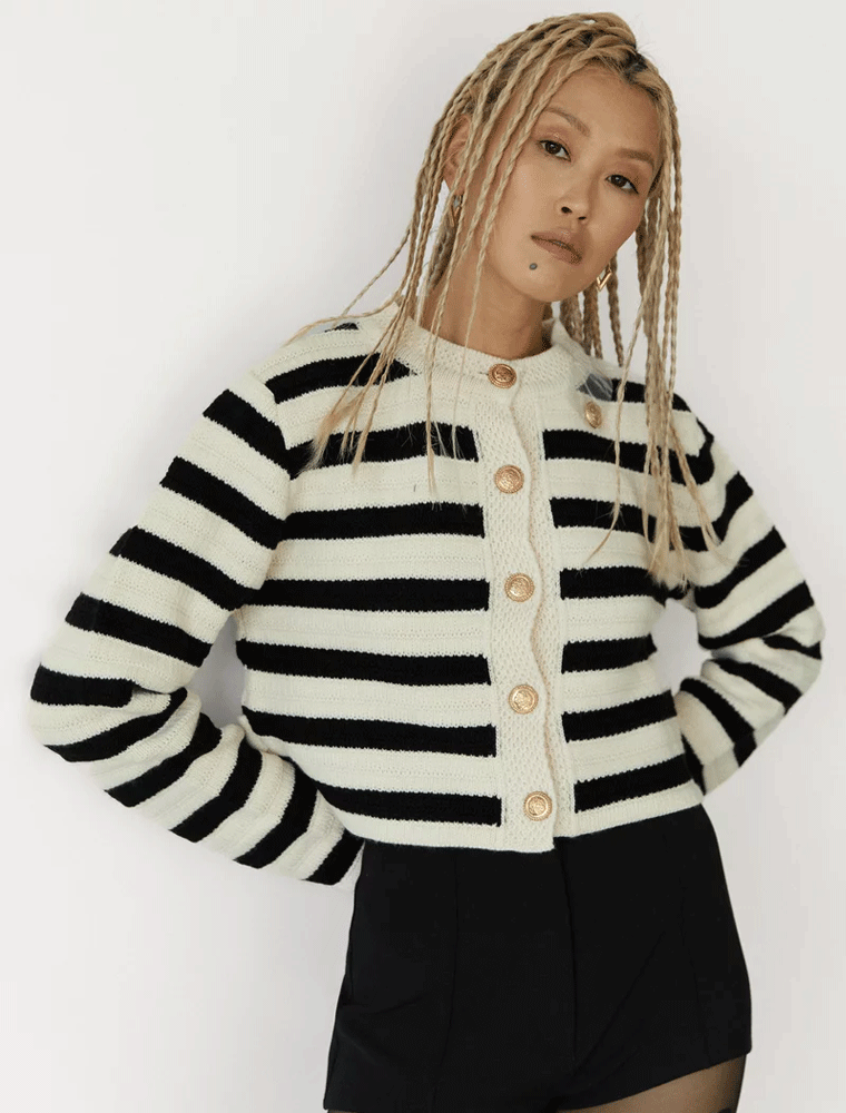 Horizontal Stripe Cardigan Sweater, Cream