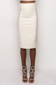 Elastic Bodycon Midi Skirt Side Pleated, Cream