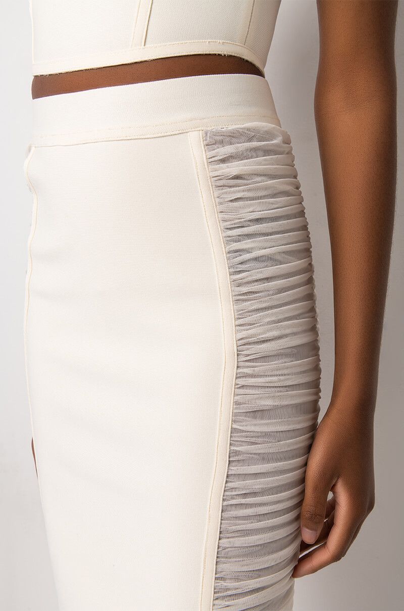 Elastic Bodycon Midi Skirt Side Pleated, Cream