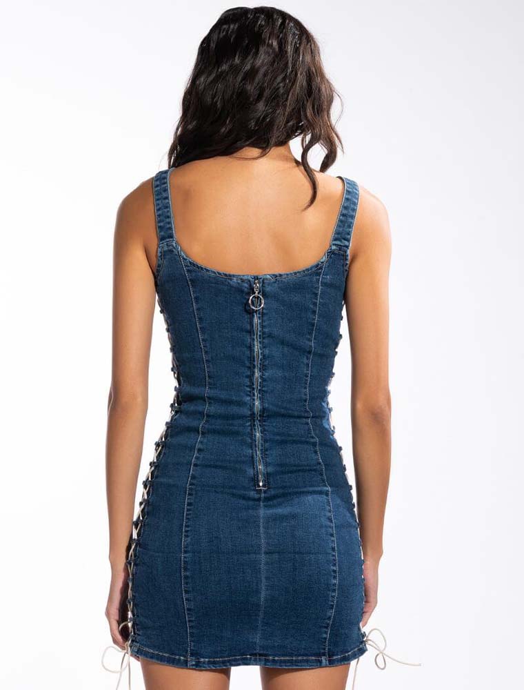 Women’s Lace-Up Denim Mini Dress, Blue