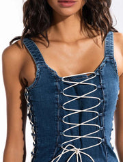 Women’s Lace-Up Denim Mini Dress, Blue