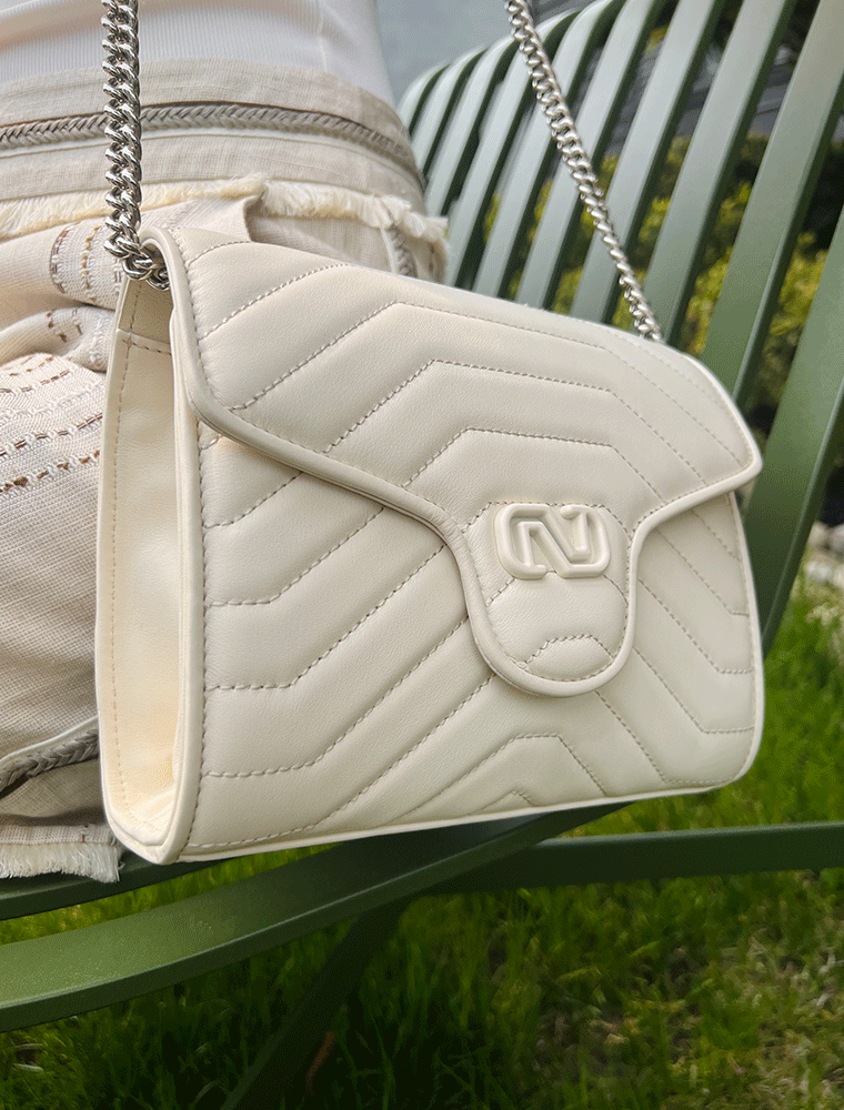 Ivy Quilted Crossbody Shoulder Leather Bag, Cream