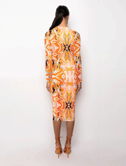 Abstract Print Long Sleeve V-neck Midi Dress, Orange