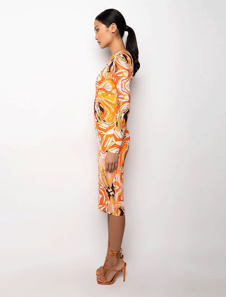 Abstract Print Long Sleeve V-neck Midi Dress, Orange