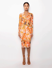 Abstract Print Long Sleeve V-neck Midi Dress, Orange