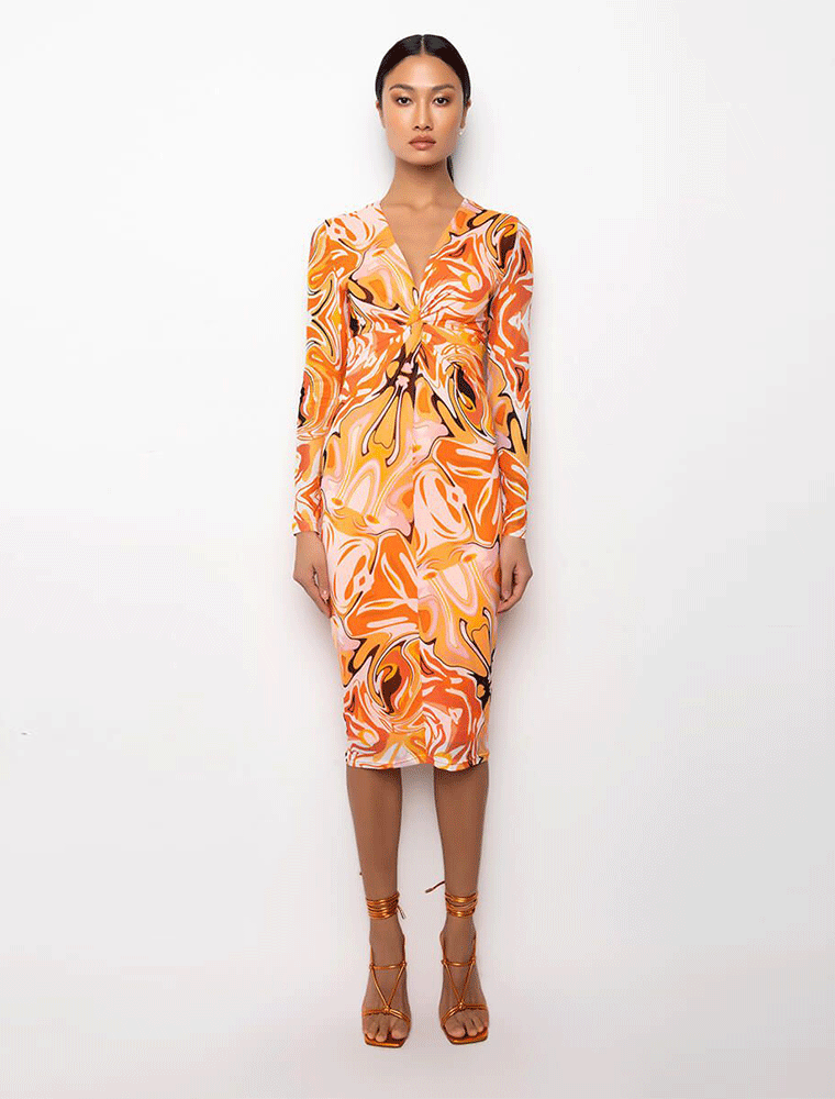 Abstract Print Long Sleeve V-neck Midi Dress, Orange