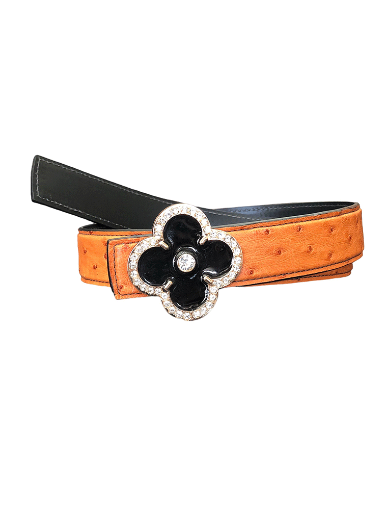 Flower Leather Belt, Genuine Ostrich Cognac