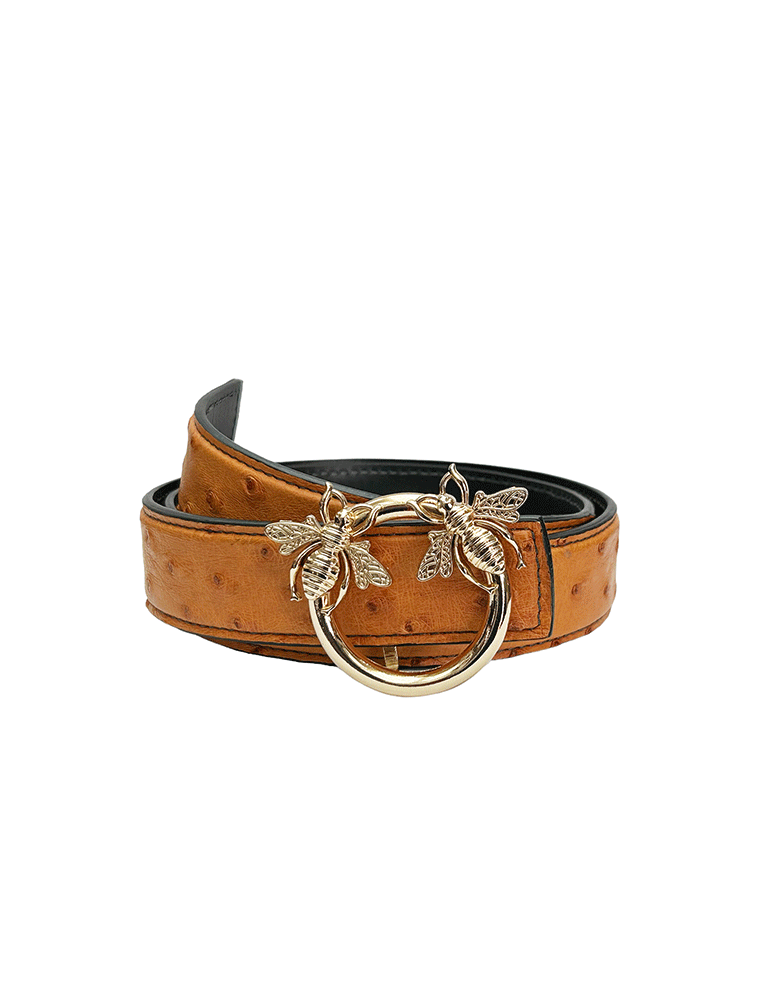 Leather Bee Belt, Genuine Ostrich Cognac