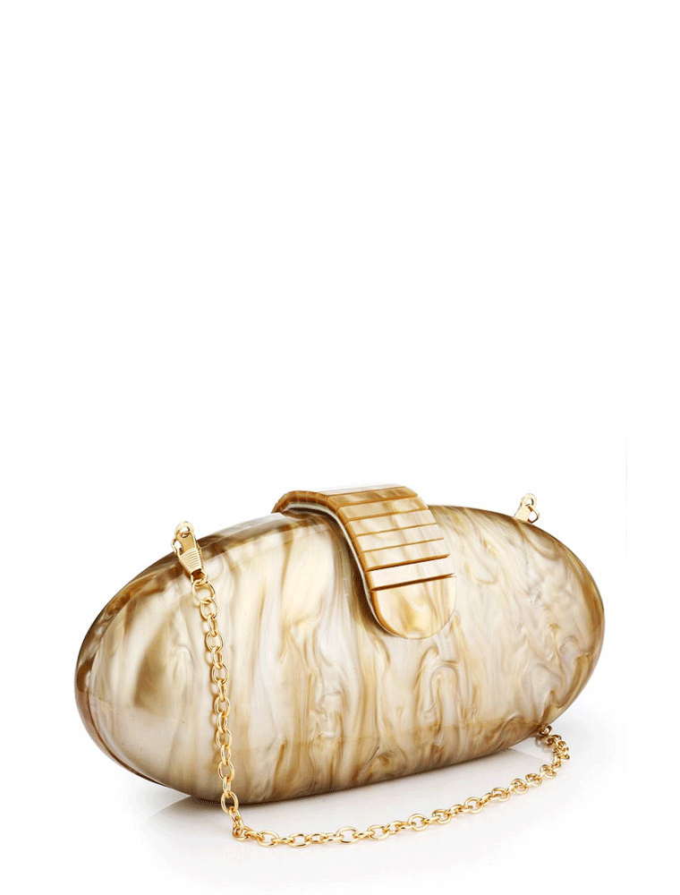 Oval Acrylic Clutch Bag with Flap, Beige