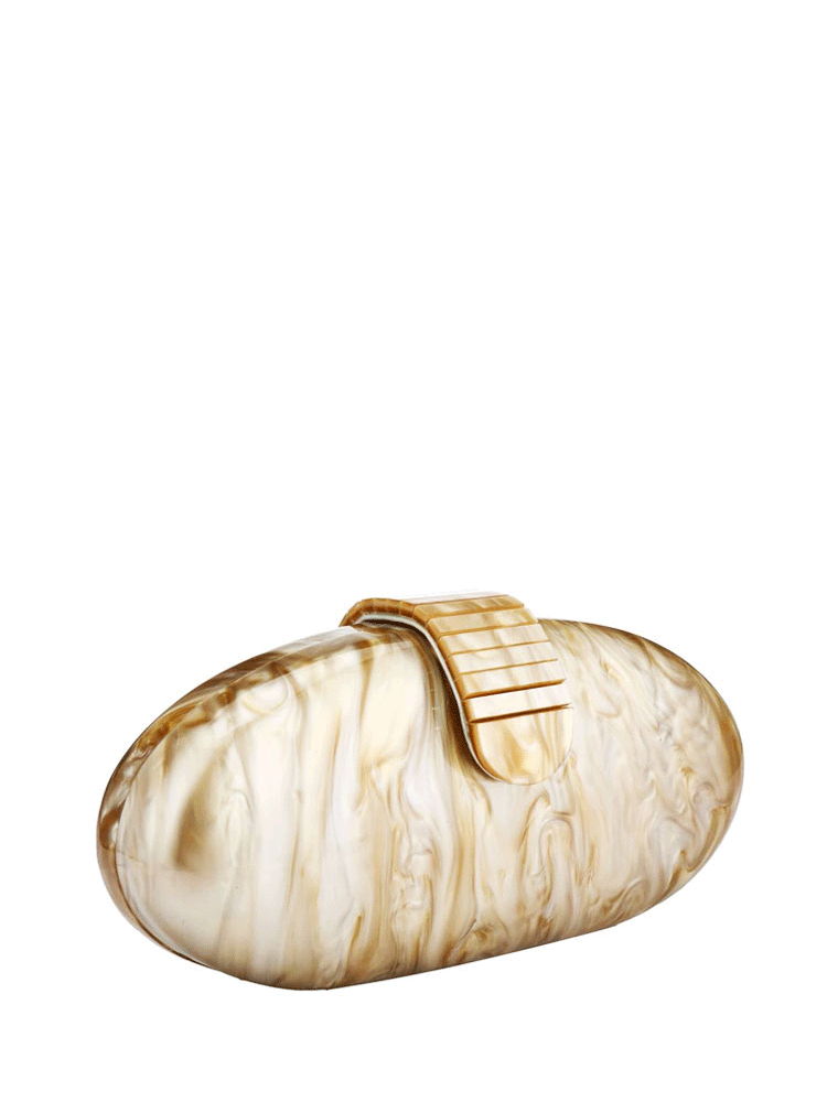 Oval Acrylic Clutch Bag with Flap, Beige