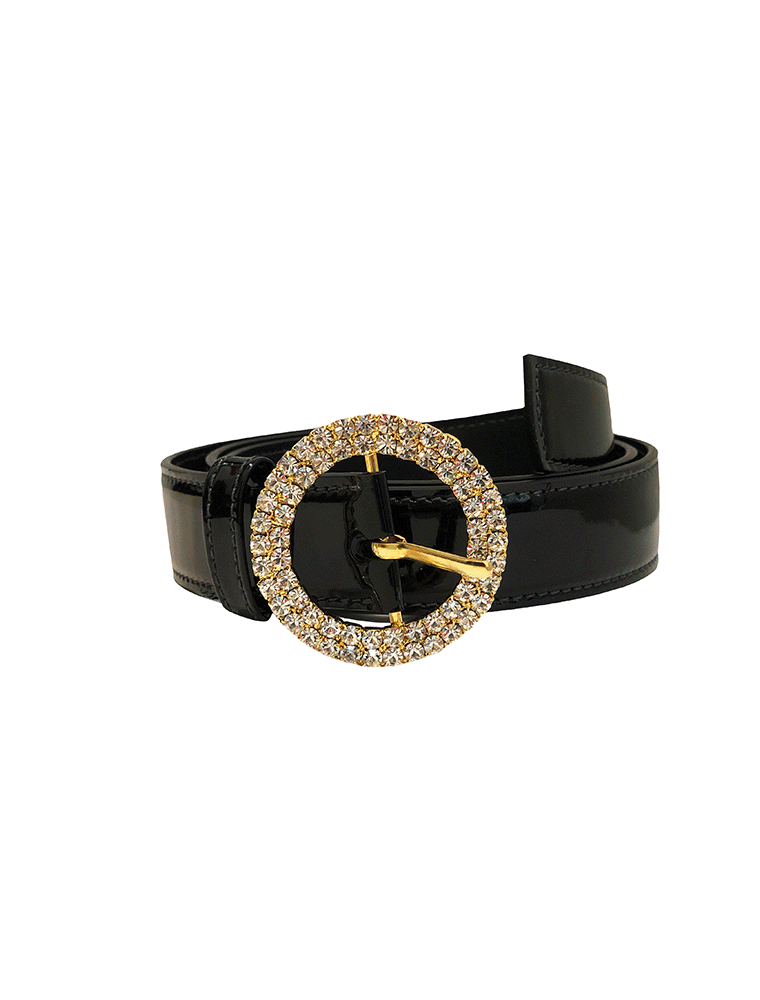 Classic Rhinestone Round Gold Buckle Belt, Black