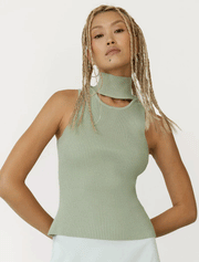 Ribbed Sleeveles Turtleneck with Neckline Detail, Sage Green