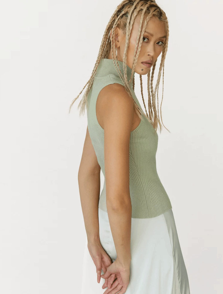 Ribbed Sleeveles Turtleneck with Neckline Detail, Sage Green