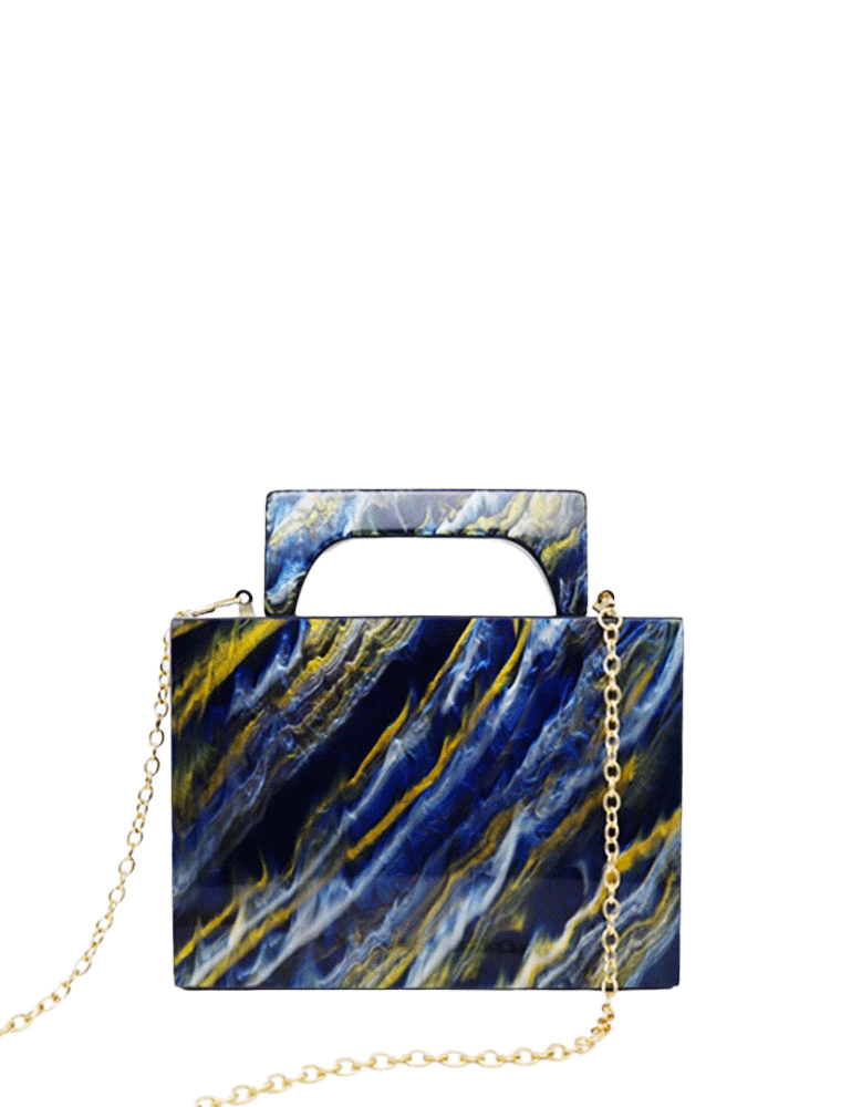 Square Acrylic Clutch with Rectangular Handle, Marbled Blue