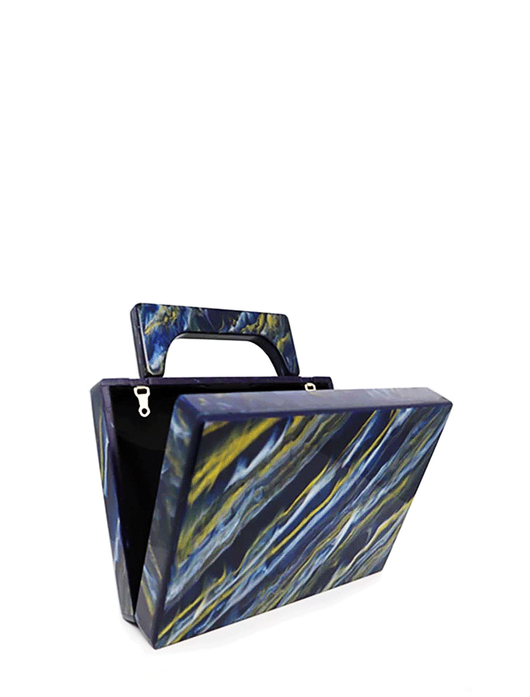 Square Acrylic Clutch with Rectangular Handle, Marbled Blue