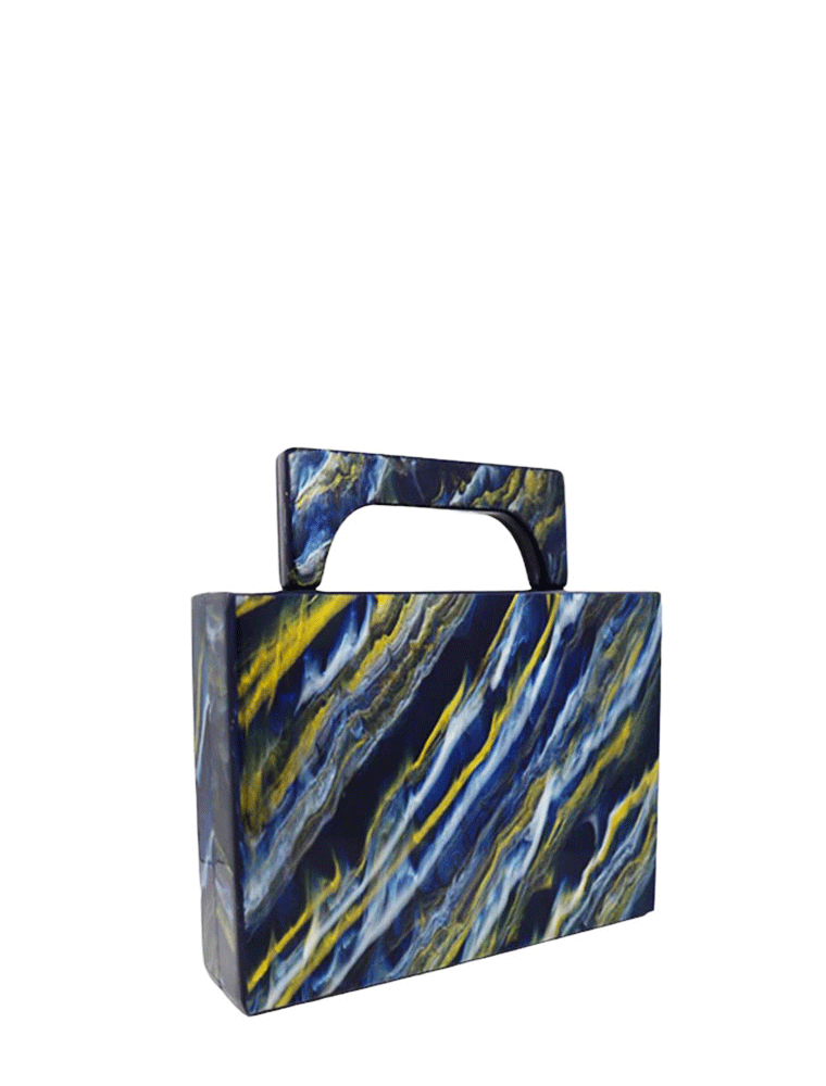 Square Acrylic Clutch with Rectangular Handle, Marbled Blue