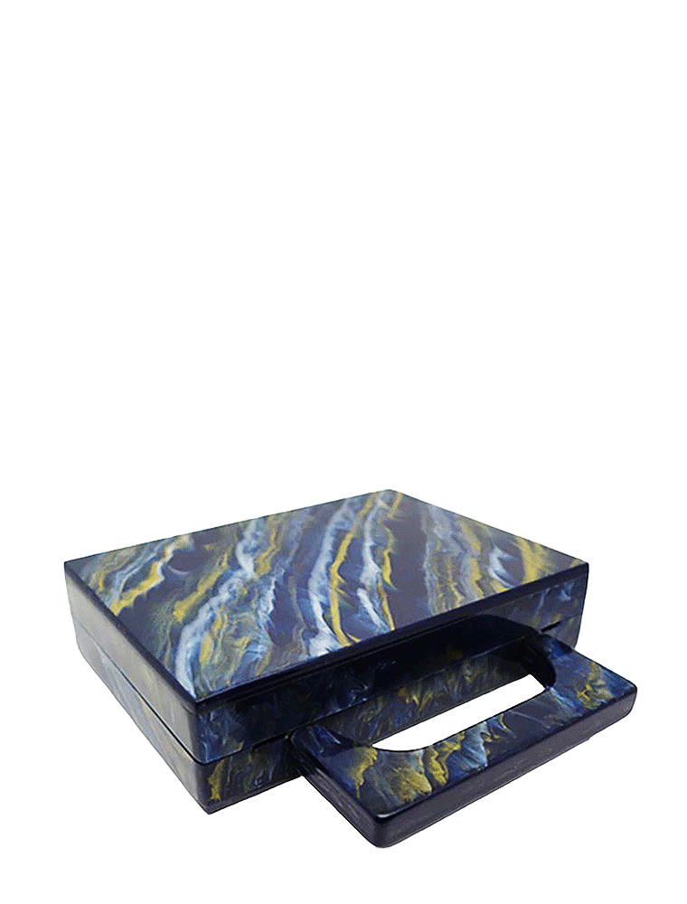 Square Acrylic Clutch with Rectangular Handle, Marbled Blue