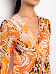 Abstract Print Long Sleeve V-neck Midi Dress, Orange