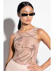 Abstract Face Print Bodysuit, Beige