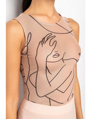 Abstract Face Print Bodysuit, Beige