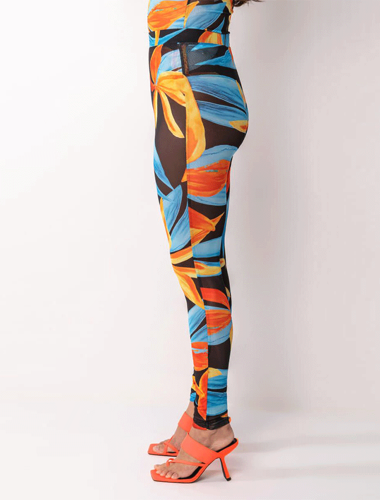 Tropical Print Mesh Leggings, Multicolor