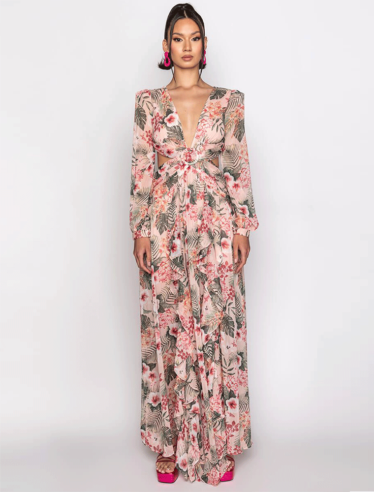 Tropical Print Waist Cut-Out Maxi Dress, Multicolor