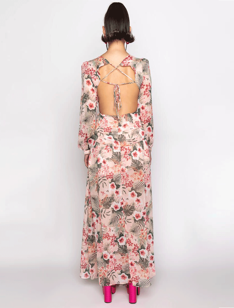 Tropical Print Waist Cut-Out Maxi Dress, Multicolor