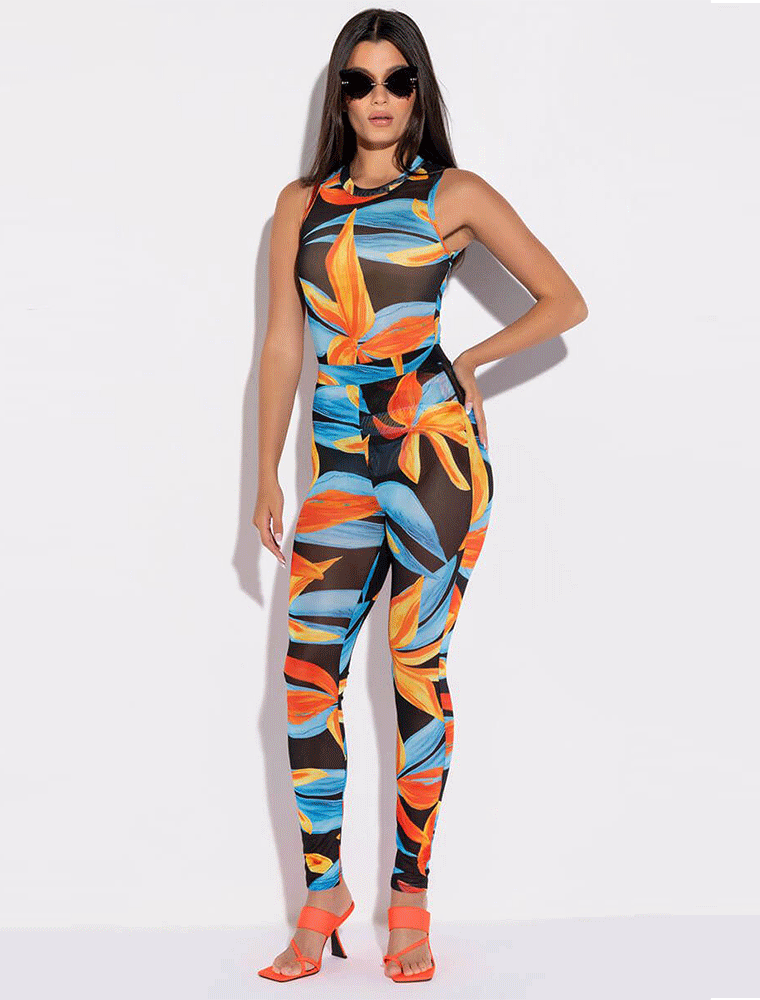 Tropical Print Mesh Bodysuit, Multicolor