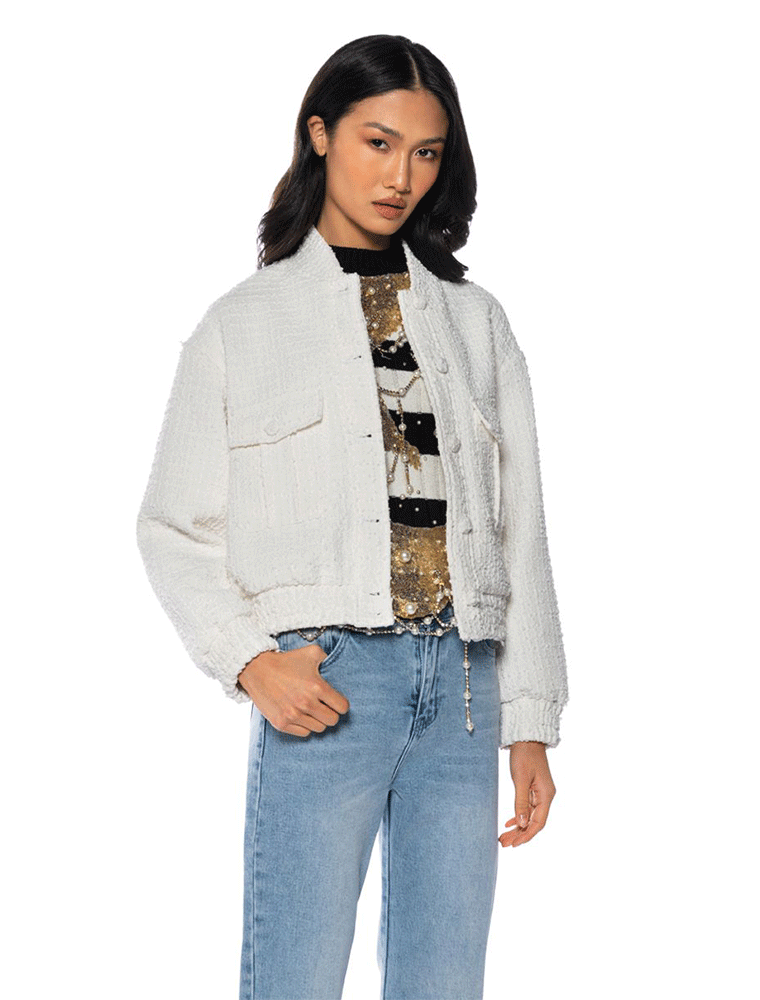 Patch Pocket Tweed Bomber Jacket, Off-White