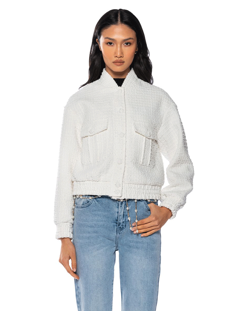 Patch Pocket Tweed Bomber Jacket, Off-White