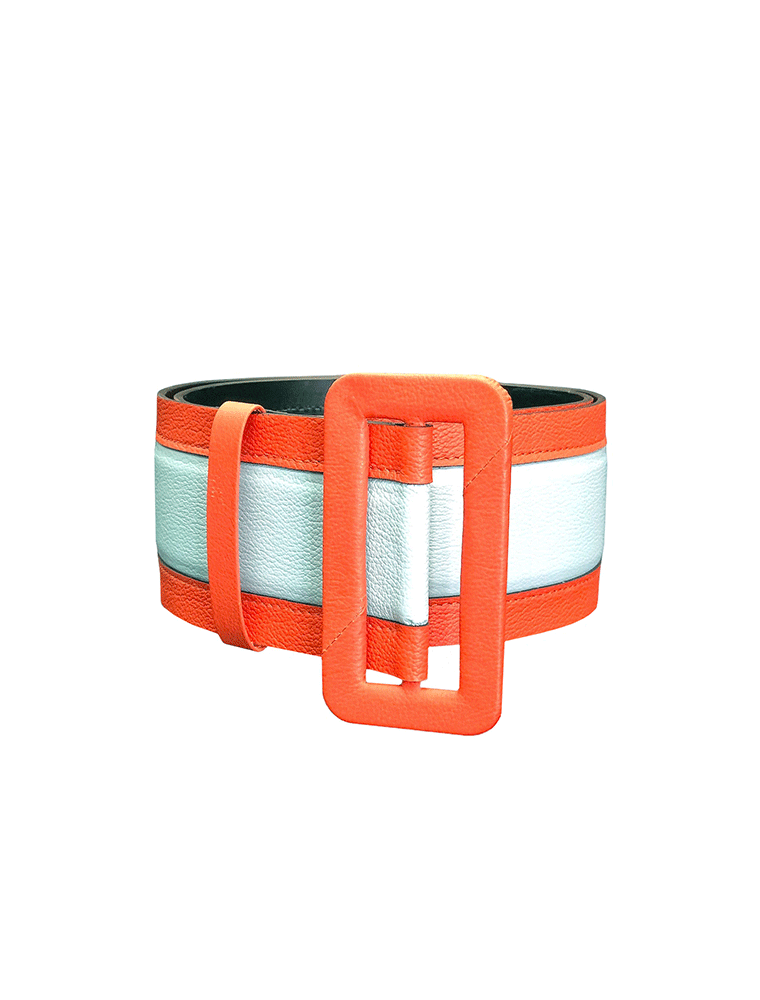 Wide Geometrical Leather Belt, Orange/blue